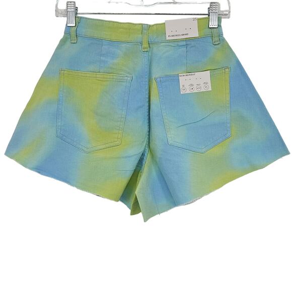 Revolve Weworewhat Womans 25 Flare Bell Shorts Stretch Twill Denim Tie Dye NEW - Picture 2 of 8
